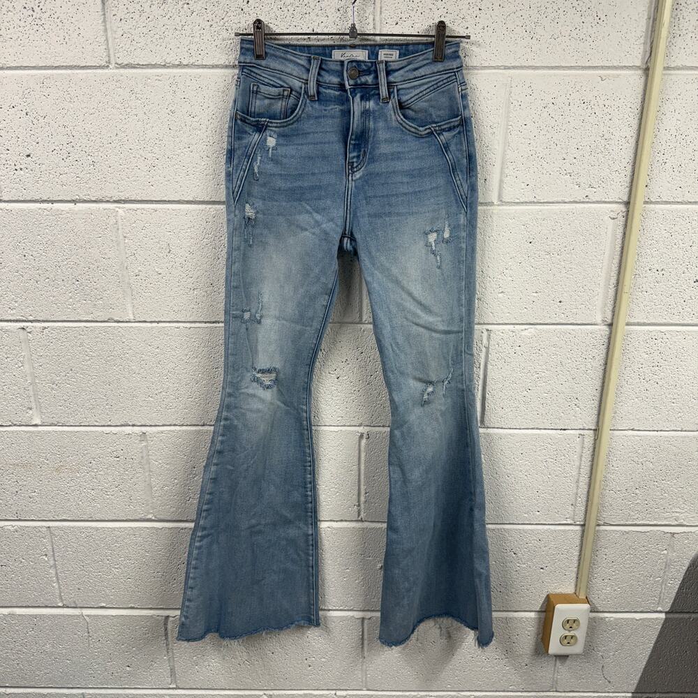 Kancan Womens Size 26 High Rise Flare Jeans Light Wash Distressed Stretch Denim